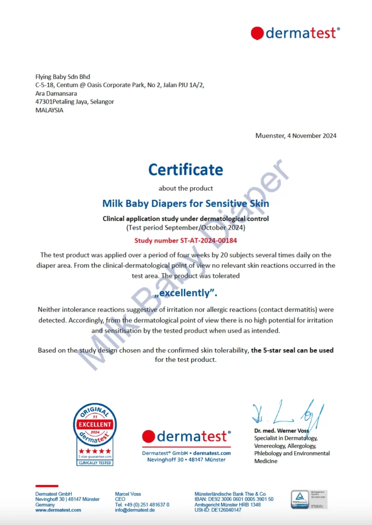 Dermatest 5 Star Guarantee Certificate for MILK Diapers for Sensitive Skin.