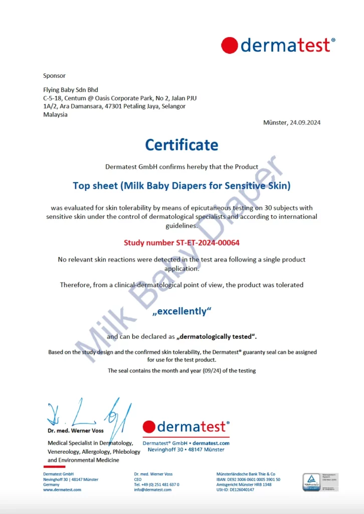 Dermatest Sensitive Skin Certificate for MILK Diapers for Sensitive Skin.